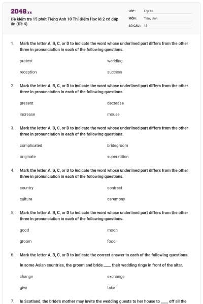 Đề kiểm tra 15 phút Tiếng Anh 10 Thí điểm Học kì 2 có đáp án (Đề 4)