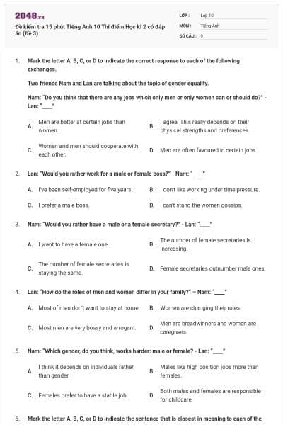 Đề kiểm tra 15 phút Tiếng Anh 10 Thí điểm Học kì 2 có đáp án (Đề 3)