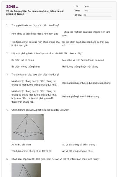 28 câu Trắc nghiệm Đại cương về đường thẳng và mặt phẳng có đáp án