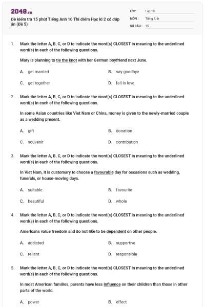 Đề kiểm tra 15 phút Tiếng Anh 10 Thí điểm Học kì 2 có đáp án (Đề 5)