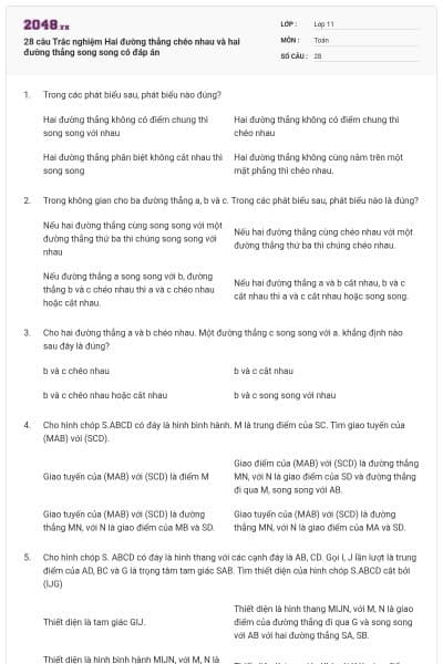 28 câu Trắc nghiệm Hai đường thẳng chéo nhau và hai đường thẳng song song có đáp án