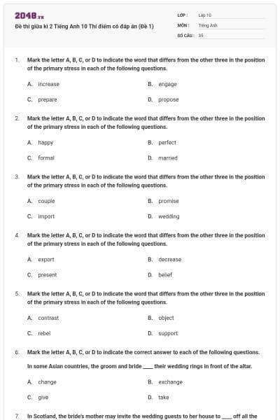 Đề thi giữa kì 2 Tiếng Anh 10 Thí điểm có đáp án (Đề 1)