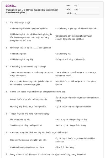 Trắc nghiệm Vật Lí 7 Bài 1(có đáp án): Bài tập sự nhiễm điện do cọ sát (phần 2)