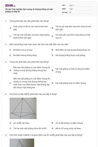 28 câu Trắc nghiệm Đại cương về đường thẳng và mặt phẳng có đáp án