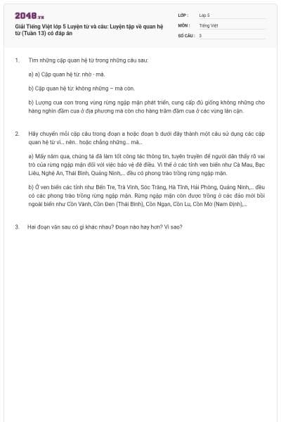 Giải Tiếng Việt lớp 5 Luyện từ và câu: Luyện tập về quan hệ từ (Tuần 13) có đáp án