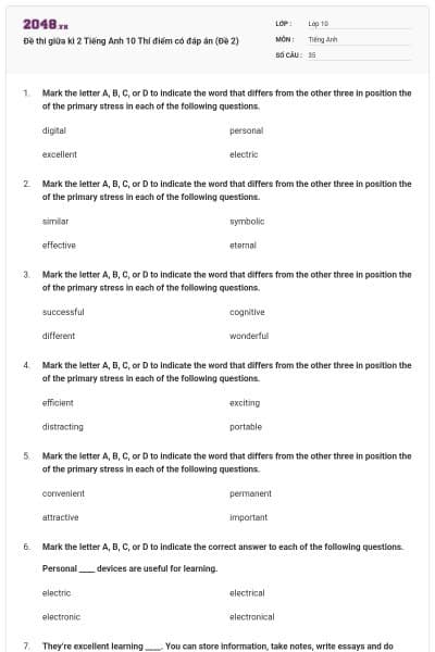 Đề thi giữa kì 2 Tiếng Anh 10 Thí điểm có đáp án (Đề 2)