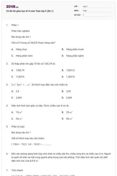 22 Đề thi giữa học kì II môn Toán lớp 5 (Đề 1)