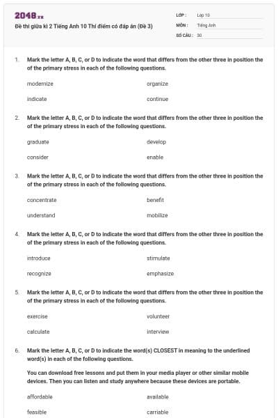Đề thi giữa kì 2 Tiếng Anh 10 Thí điểm có đáp án (Đề 3)