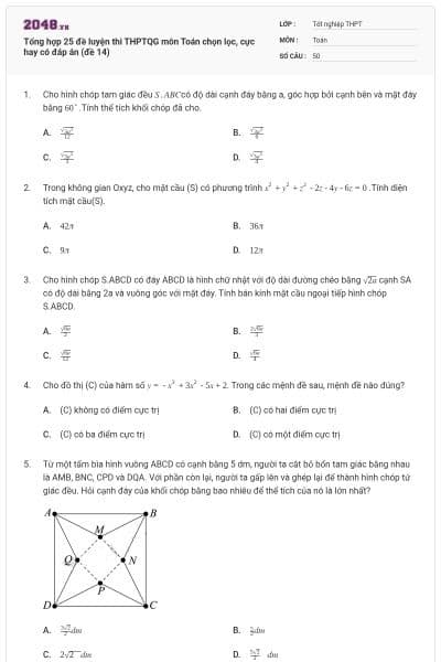 Tổng hợp 25 đề luyện thi THPTQG môn Toán chọn lọc, cực hay có đáp án (đề 14)