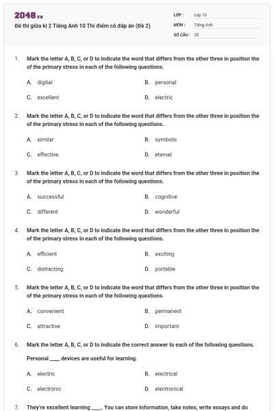 Đề thi giữa kì 2 Tiếng Anh 10 Thí điểm có đáp án (Đề 2)