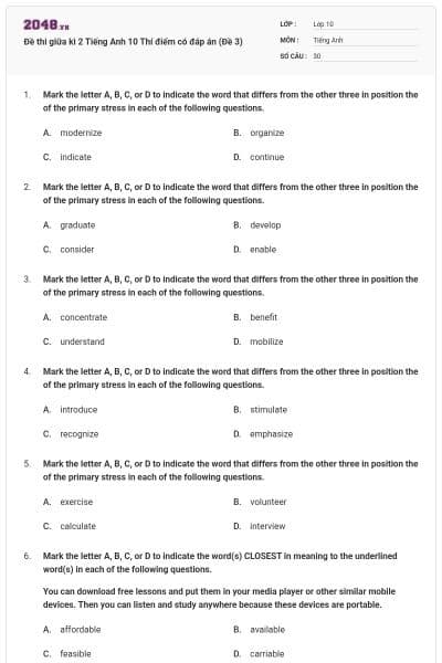 Đề thi giữa kì 2 Tiếng Anh 10 Thí điểm có đáp án (Đề 3)