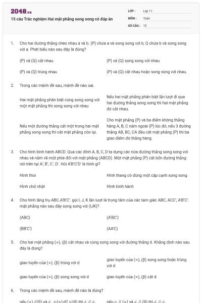 15 câu Trắc nghiệm Hai mặt phẳng song song có đáp án