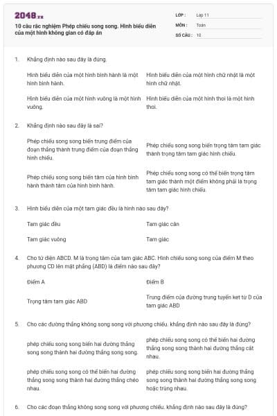 10 câu rắc nghiệm Phép chiếu song song. Hình biểu diễn của một hình không gian có đáp án