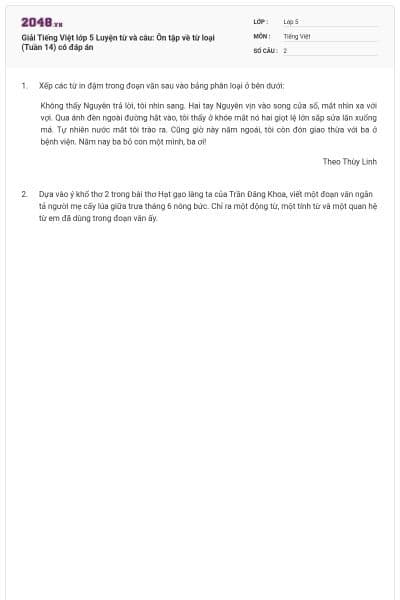 Giải Tiếng Việt lớp 5 Luyện từ và câu: Ôn tập về từ loại (Tuần 14) có đáp án