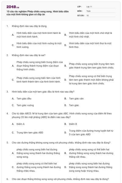 10 câu rắc nghiệm Phép chiếu song song. Hình biểu diễn của một hình không gian có đáp án
