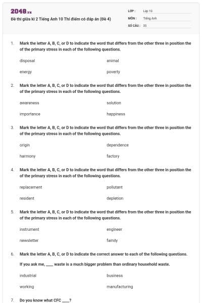 Đề thi giữa kì 2 Tiếng Anh 10 Thí điểm có đáp án (Đề 4)