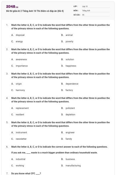 Đề thi giữa kì 2 Tiếng Anh 10 Thí điểm có đáp án (Đề 4)