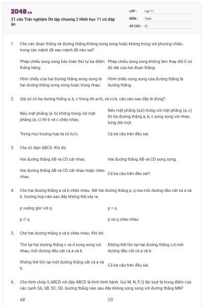 21 câu Trắc nghiệm Ôn tập chương 2 Hình học 11 có đáp án