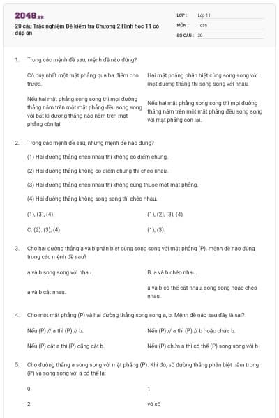 20 câu Trắc nghiệm Đề kiểm tra Chương 2 Hình học 11 có đáp án