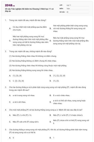20 câu Trắc nghiệm Đề kiểm tra Chương 2 Hình học 11 có đáp án