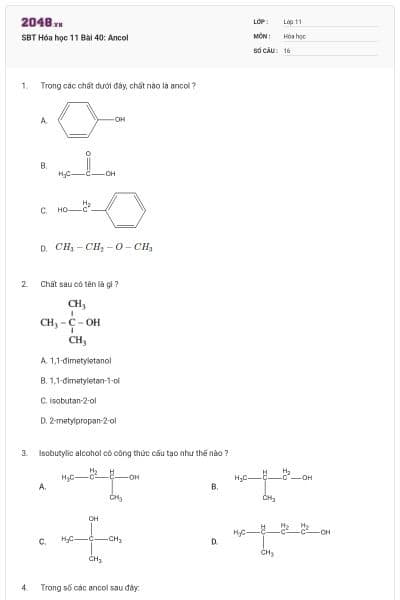 SBT Hóa học 11 Bài 40: Ancol