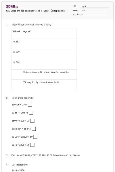 Giải Cùng em học Toán lớp 4 Tập 1 Tuần 1. Ôn tập các số