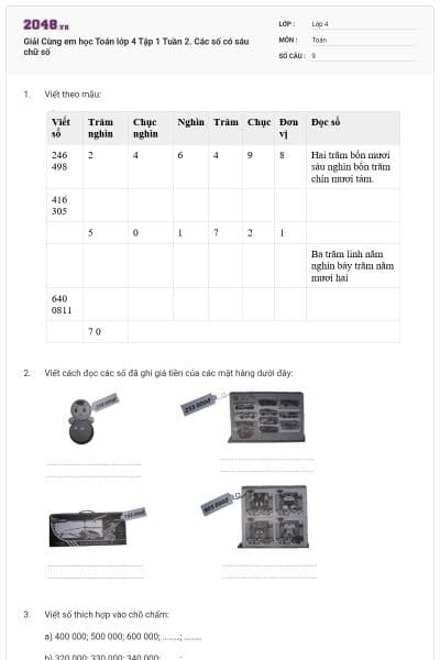 Giải Cùng em học Toán lớp 4 Tập 1 Tuần 2. Các số có sáu chữ số