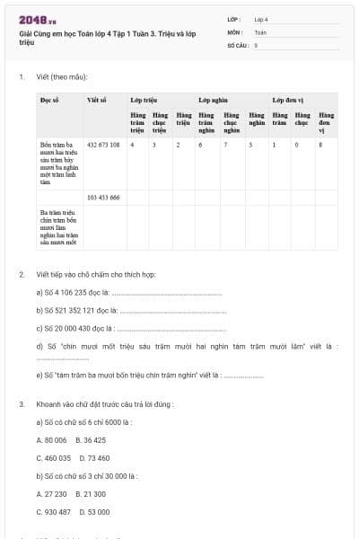 Giải Cùng em học Toán lớp 4 Tập 1 Tuần 3. Triệu và lớp triệu