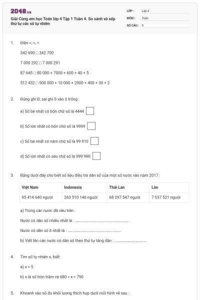 Giải Cùng em học Toán lớp 4 Tập 1 Tuần 4. So sánh và xếp thứ tự các số tự nhiên