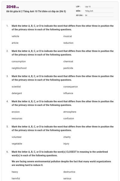 Đề thi giữa kì 2 Tiếng Anh 10 Thí điểm có đáp án (Đề 5)