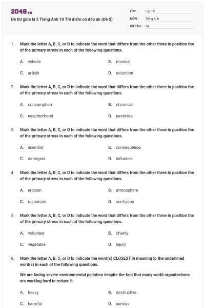 Đề thi giữa kì 2 Tiếng Anh 10 Thí điểm có đáp án (Đề 5)