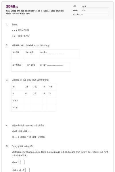 Giải Cùng em học Toán lớp 4 Tập 1 Tuần 7. Biểu thức có chứa hai chữ Khóa học