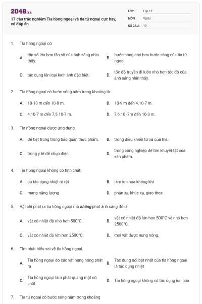 17 câu trắc nghiệm Tia hồng ngoại và tia tử ngoại cực hay, có đáp án