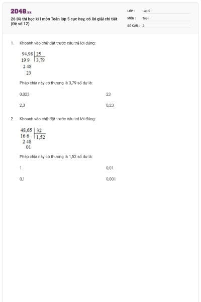 26 Đề thi học kì I môn Toán lớp 5 cực hay, có lời giải chi tiết (Đề số 12)