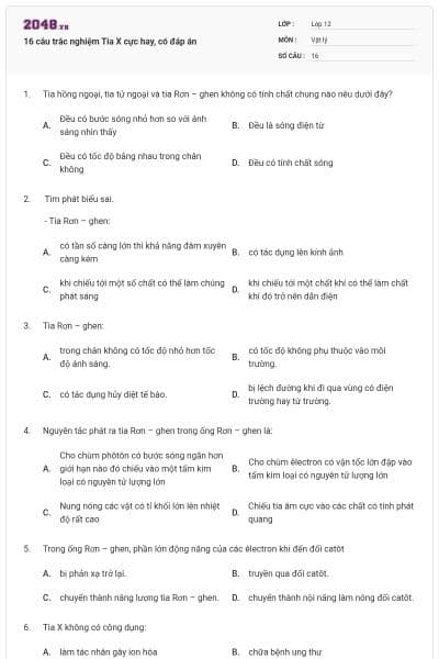 16 câu trắc nghiệm Tia X cực hay, có đáp án