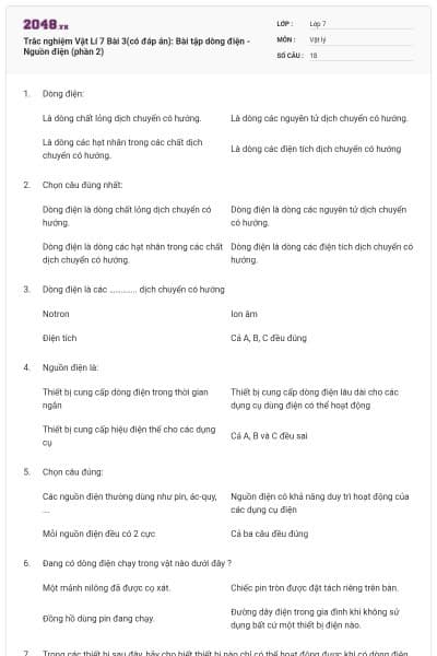 Trắc nghiệm Vật Lí 7 Bài 3(có đáp án): Bài tập dòng điện - Nguồn điện (phần 2)