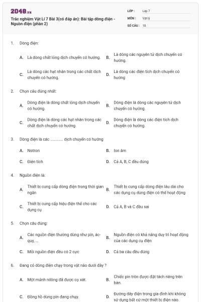 Trắc nghiệm Vật Lí 7 Bài 3(có đáp án): Bài tập dòng điện - Nguồn điện (phần 2)