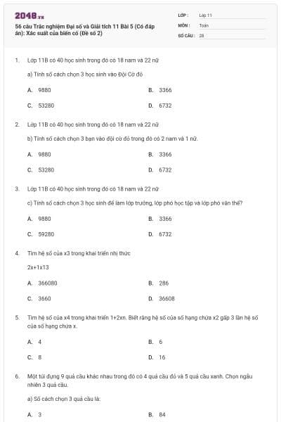 56 câu Trắc nghiệm Đại số và Giải tích 11 Bài 5 (Có đáp án): Xác suất của biến cố (Đề số 2)