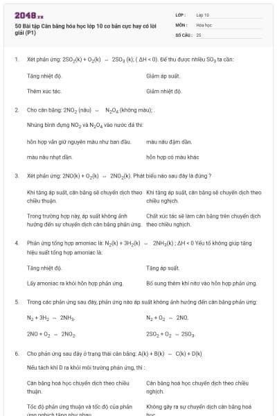 50 Bài tập Cân bằng hóa học lớp 10 cơ bản cực hay có lời giải (P1)