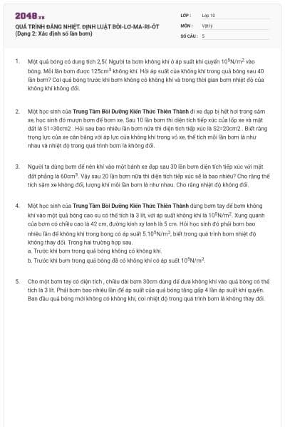QUÁ TRÌNH ĐẲNG NHIỆT. ĐỊNH LUẬT BÔI-LƠ-MA-RI-ÔT (Dạng 2: Xác định số lần bơm)