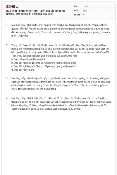 QUÁ TRÌNH ĐẲNG NHIỆT. ĐỊNH LUẬT BÔI-LƠ-MA-RI-ÔT (Dạng 3: Tính các gía trị trong ống thủy tinh)