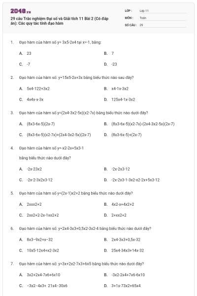 29 câu Trắc nghiệm Đại số và Giải tích 11 Bài 2 (Có đáp án): Các quy tắc tính đạo hàm