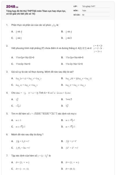 Tổng hợp đề thi thử THPTQG môn Tóan cực hay chọn lọc, có lời giải chi tiết (đề số 16)