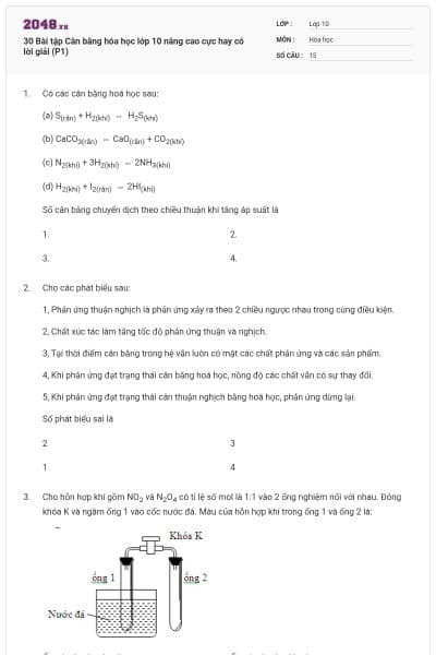 30 Bài tập Cân bằng hóa học lớp 10 nâng cao cực hay có lời giải (P1)