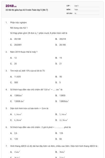 22 Đề thi giữa học kì II môn Toán lớp 5 (Đề 7)