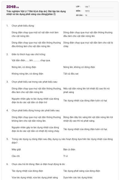 Trắc nghiệm Vật Lí 7 Bài 6(có đáp án): Bài tập tác dụng nhiệt và tác dụng phát sáng của dòng(phần 2)