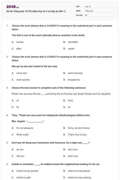 Đề thi Tiếng Anh 10 Thí điểm Học kì 2 có đáp án (Đề 1)
