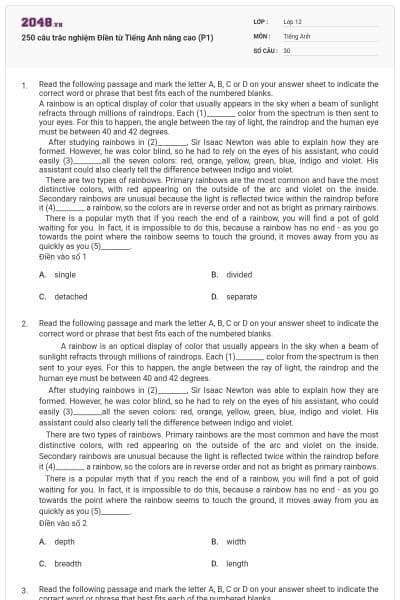 250 câu trắc nghiệm Điền từ Tiếng Anh nâng cao (P1)