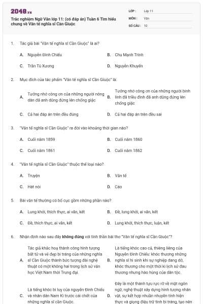 Trắc nghiệm Ngữ Văn lớp 11: (có đáp án) Tuần 6 Tìm hiểu chung về Văn tế nghĩa sĩ Cần Giuộc