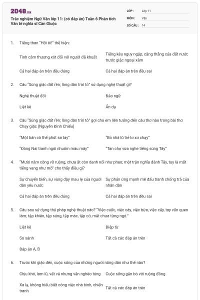 Trắc nghiệm Ngữ Văn lớp 11: (có đáp án) Tuần 6 Phân tích Văn tế nghĩa sĩ Cần Giuộc